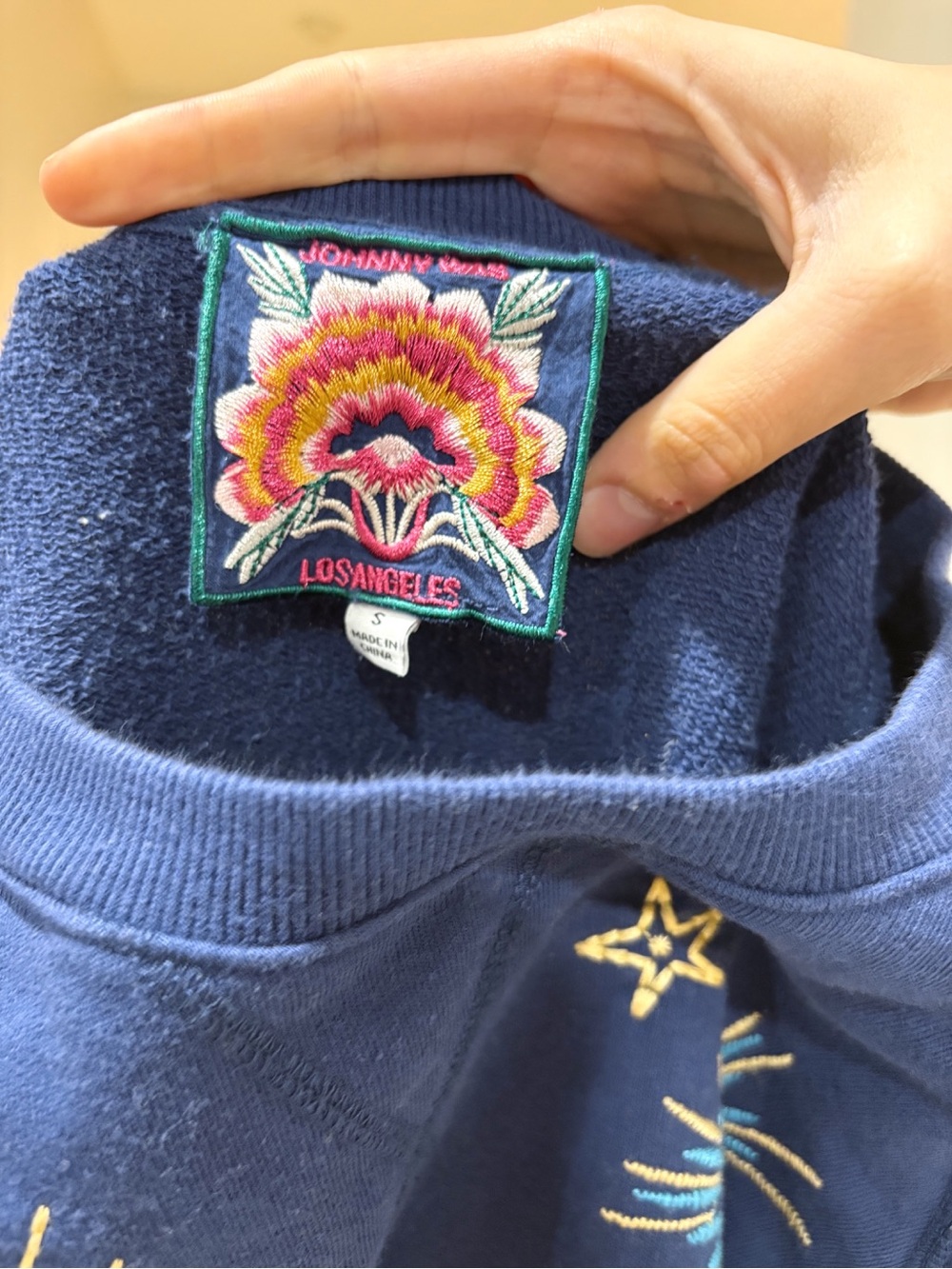 Johnny Was Embroidered Navy Texas Raglan Sweatshirt Small - Picture 6 of 6